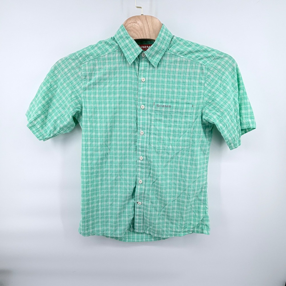 Simms Fishing Shirt Mens Medium Green Plaid Short Sleeve Nylon Button Front
